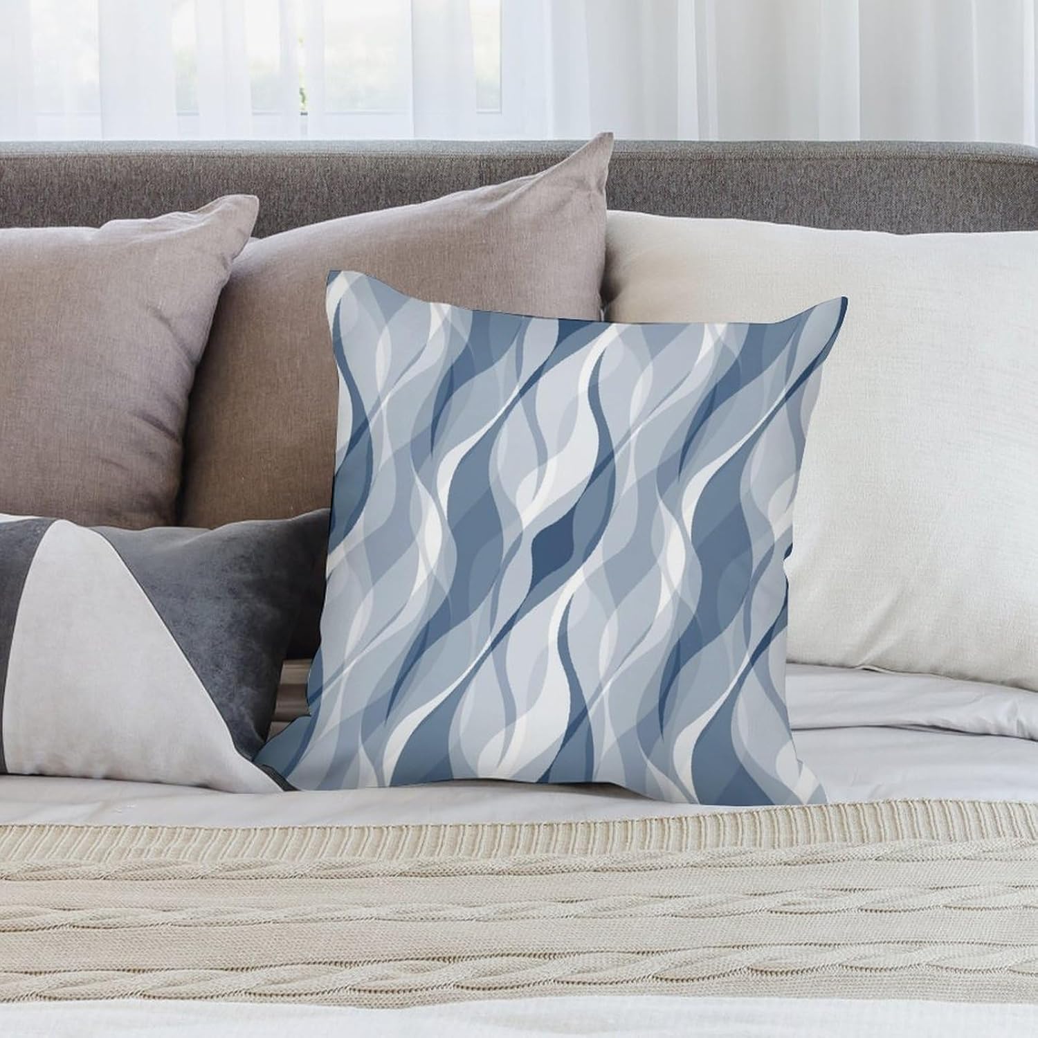 Light Blue Throw Pillow Covers Modern Abstract Blue and Grey Striped Decorations for Bedroom Living Room Farmhouse Sofa Pillows Bed Couch 22x22 Inch