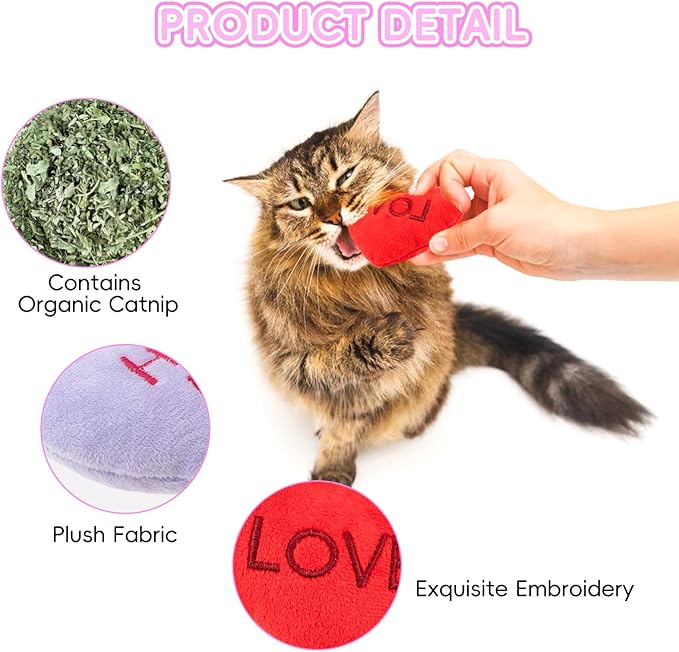 6pcs Valentine's Day Heart Catnip Toy，Valentines Indoor Heart Shaped Cat Toy Plush Interactive Chew Bite Toys for Cat Kitten Indoor Festive Holiday Cat Lover Gift