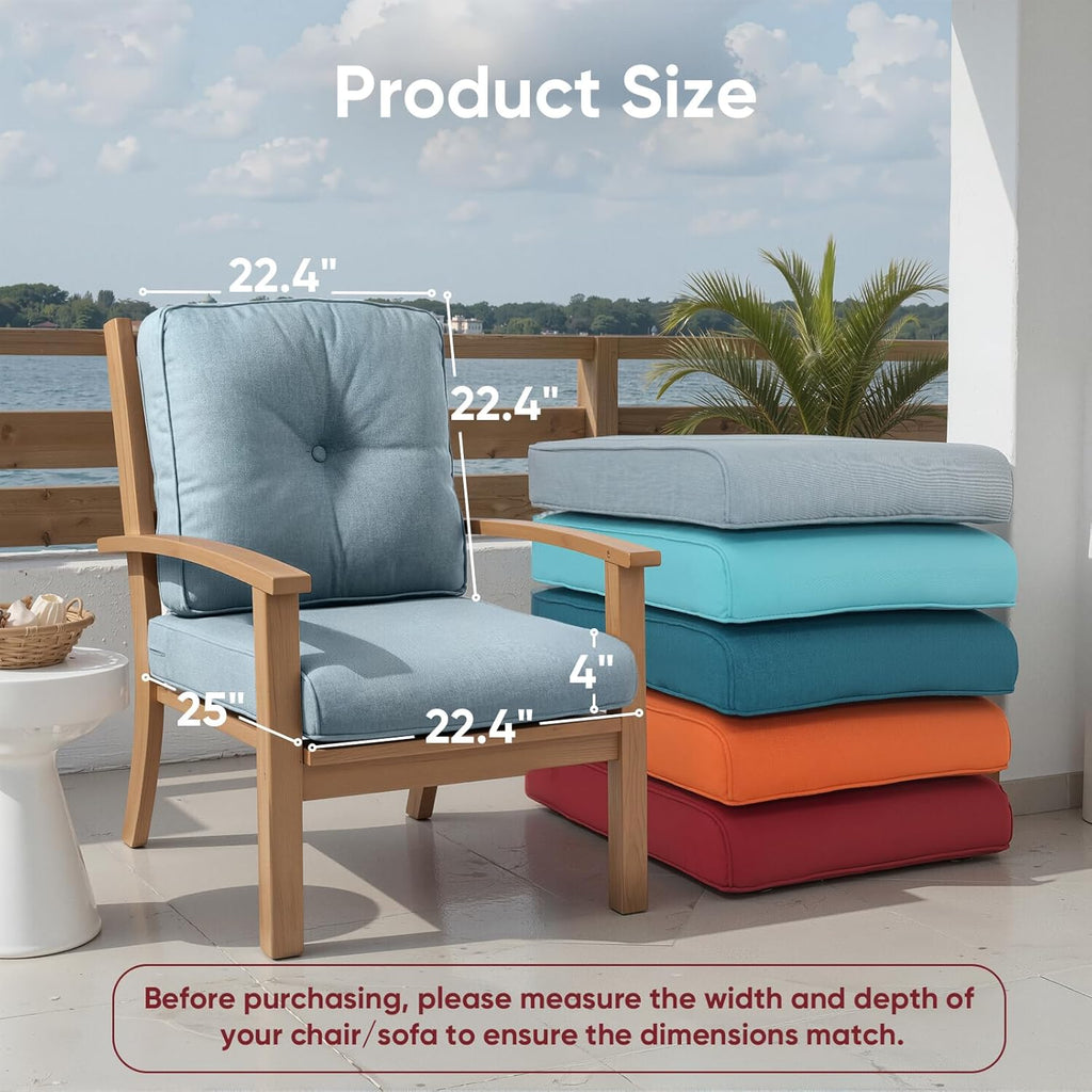 Outdoor Chair Cushion Set of 2, Waterproof Outdoor Seat Cushions 25x22 , Patio Chair Cushions for Outdoor Furniture, Couch Cushion Replacement, Include 2 Back & 2 Seat Cushions, Button/BabyBlue