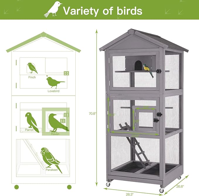 GUTINNEEN Outdoor Bird Aviary Wooden Large Bird Cage on Wheels, Featuring Play Stand, Perches, Nest Habitat, Include Wire Mesh Above Bottom Tray Easy to Clean