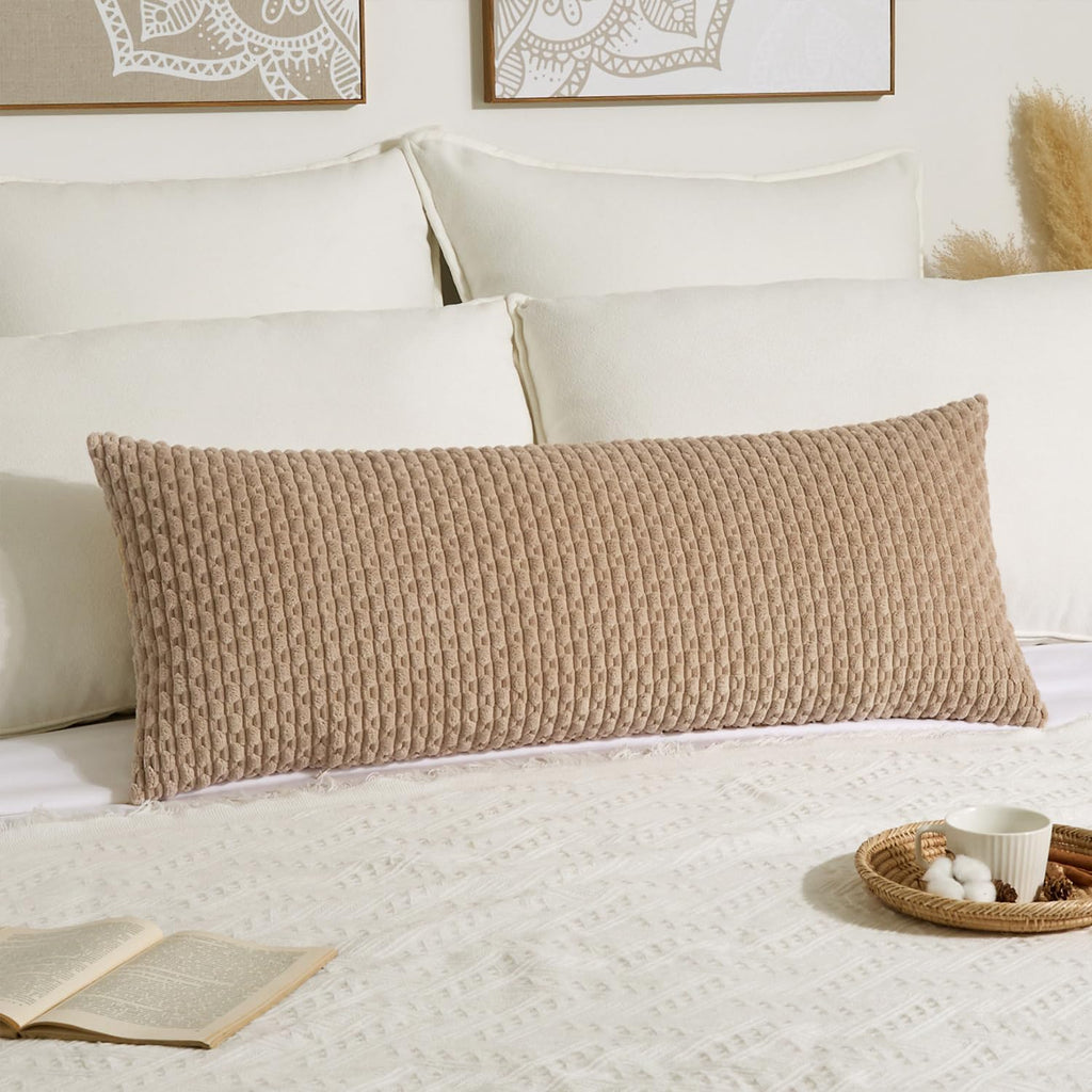 Kevin Textile 20x54 Inch Long Body Lumbar 1 Pack Boho Decorative Throw Pillow Cover Soft Striped Corduroy Rectangle Cushion Case Farmhouse Accent for Living Room Couch Sofa Bed, Tan