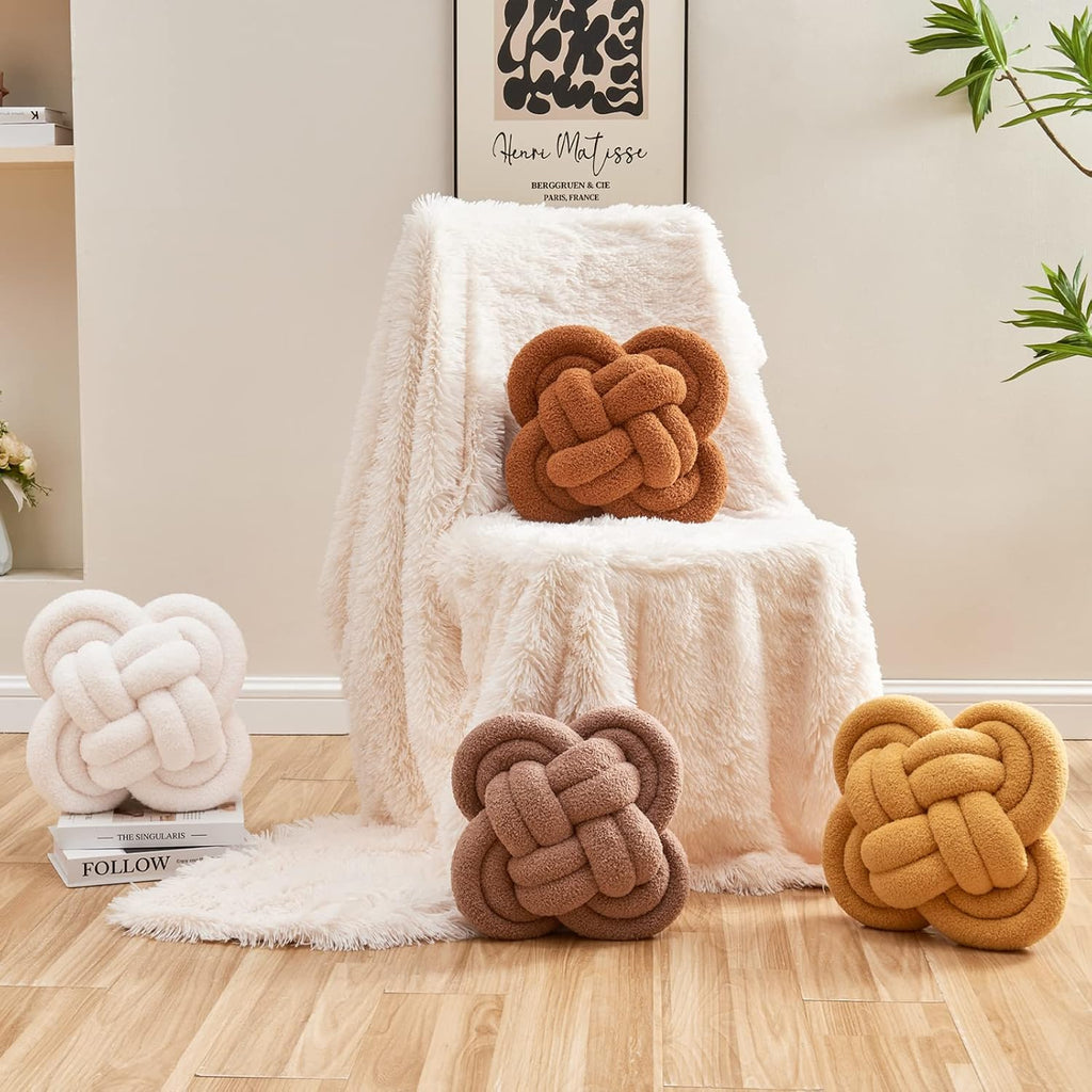 Xiashrk Knot Pillow Ball, 12" Soft Decorative Throw Pillows for Couch Bed, Dark Yellow Knotted Plush Throw Pillow Handmade Square Cushion Home Couch Decor Pillows for Living Room