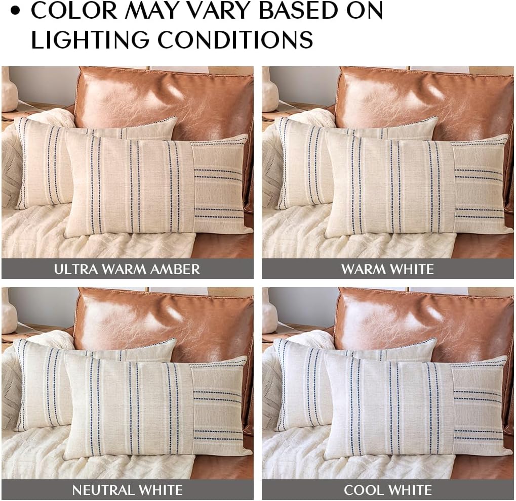AELS 12x20 Decorative Farmhouse Linen Throw Pillow Covers, Boho Rectangle Lumbar Pillow Case, Set of 2, Beige with Navy Blue Stripe Patchwork Cushion Cover for Sofa Couch Living Room (Cover ONLY)