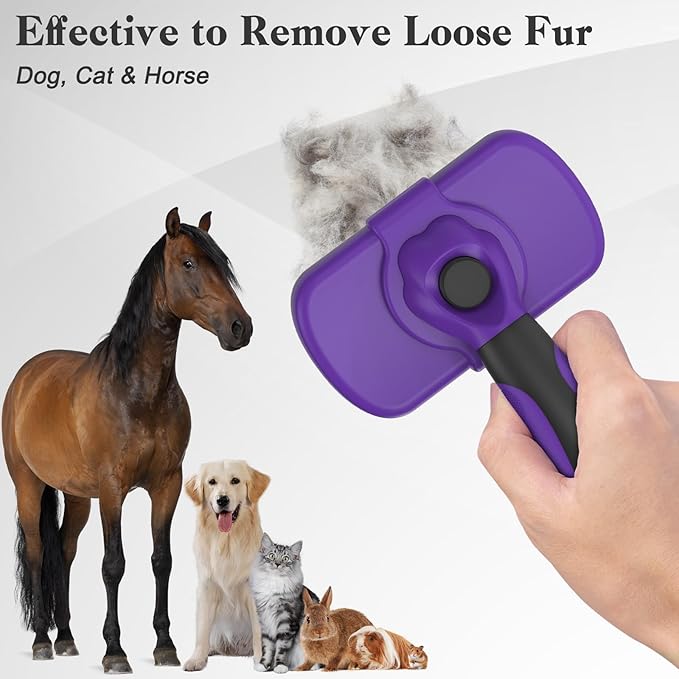 Self Cleaning Cat & Dog Grooming Brush - Skin Friendly Deshedding Hair Brush for Haired Dogs & Puppies, Purple