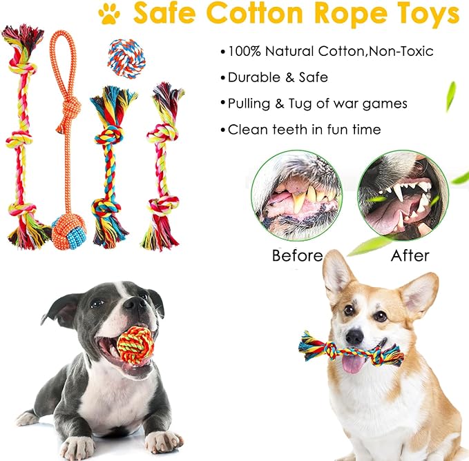 Dog Toys 25 Pack for Fun and Teeth Cleaning, Puppy Chew Toys Pack with Squeak Plush Toy,Squeaky Toy Balls,Tug of War and Rope Toys for Puppy to Small Dogs