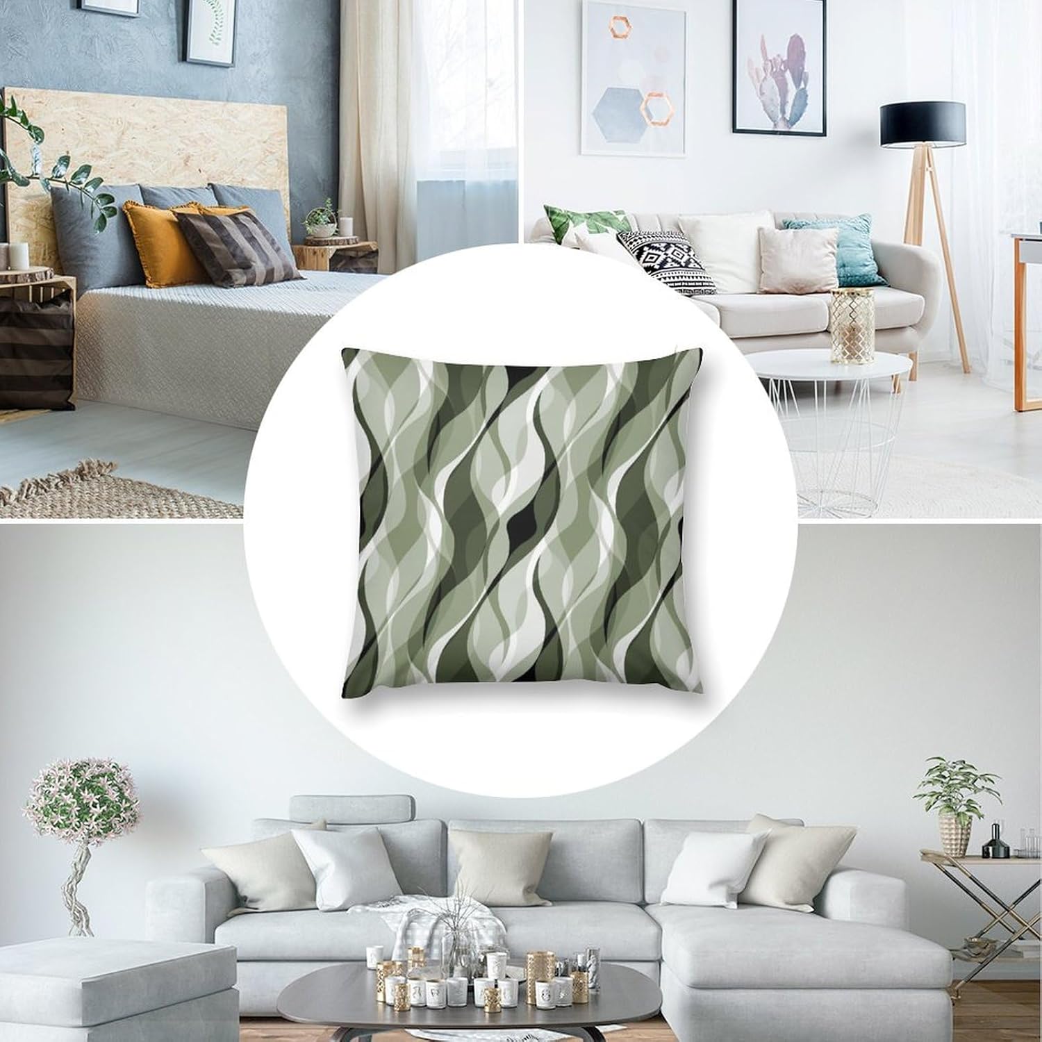 Sage Green Throw Pillow Covers Abstract Ombre Green and Grey Striped Decorations for Bedroom Living Room Farmhouse Sofa Pillows Bed Couch 20x20 Inch