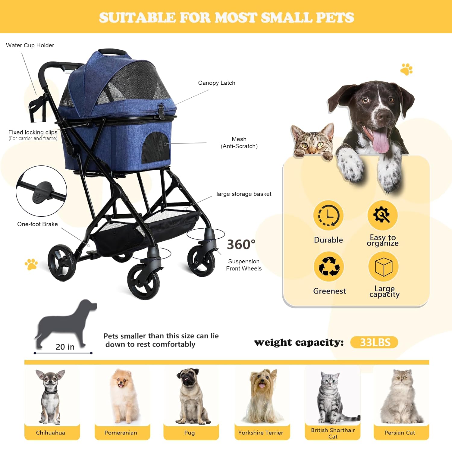 3 in 1 Dog Stroller, Lightweight Foldable Pet Strollers, 4 Wheels Dog Cat Stroller with Removable Travel Carrier, No-Zip Canopy, Cup Holder, Large Storage Basket for Small/Medium Pet - Blue