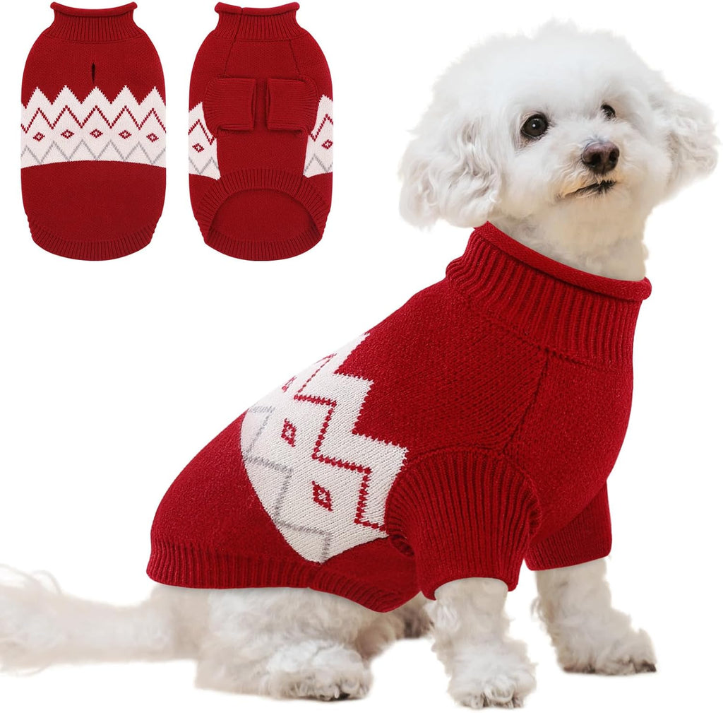 Queenmore Warm Dog Sweater, Soft Pet Knitwear, Knitted Pullover, Winter Pet Clothes for Small Medium Dogs Cats Red