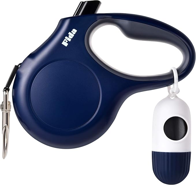 Fida Retractable Dog Leash with Dispenser and Poop Bags, 10 ft Pet Walking Leash for X-Small Dog or Cat up to 18 lbs, Anti-Slip Handle, Tangle-Free, Reflective Nylon Tape (XS, Navy Blue)