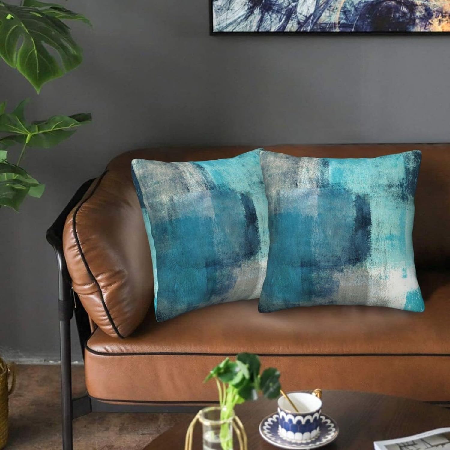 bassyil Teal Grey Abstract Art Painting Throw Pillow Covers Decorative Linen Pillow Cases Set of 2 Square Cushion Cover for Couch Sofa Bedroom 18x18 Inch