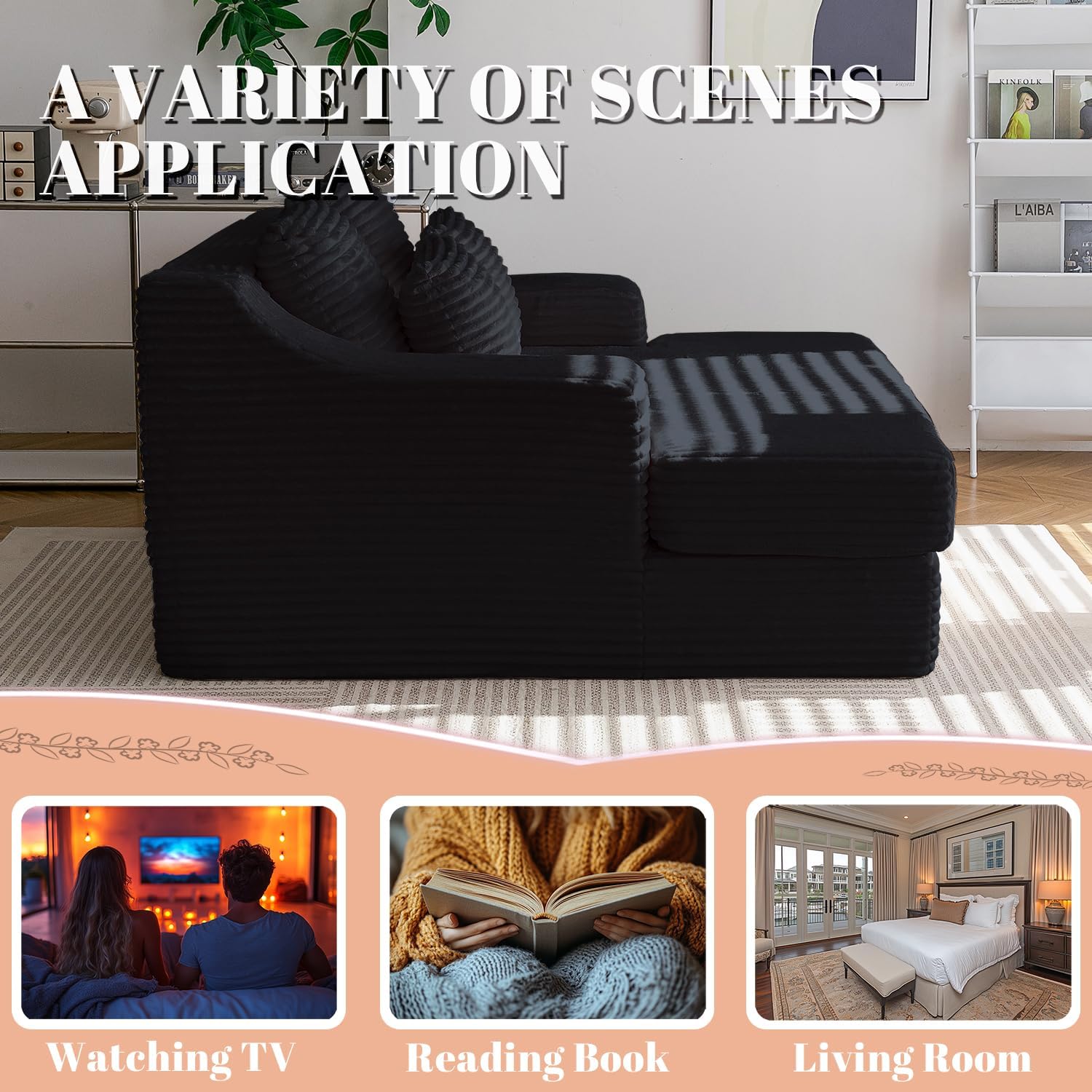 55 Inch Chaise Lounge Indoor - Oversized Chaise Lounge with 4 Throw Pillows and Armrets, Upholstered Plush Sofa Bed, Corduroy Lazy Chair Bed, Sleeper Chair for Living Room or Bedroom, Black