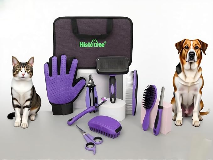 Pet Hair Grooming Tool Kit-9 Packs,Dog Cat Grooming Kit,Washing Gloves,Slicker Brush,Nail Trimming Tools,Dog Toothbrush,Comb and Grooming Scissors Set