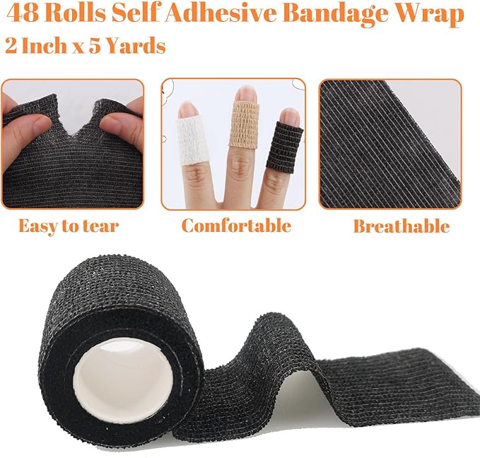 48 Rolls Self Adhesive Bandage Wrap, Vet Wrap 2 Inch for Horses Dogs Wounds Care, Self Sticking Elastic Bandage Wrap Tape for Wrist, Ankle, Sports, Tatto (Black)