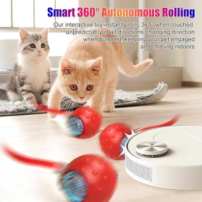 2pcs Tiny Fetch Dog Toy, Tinyfetch Interactive Dog Cat Toys Balls with Birdsong, 360° Smart Automatic Rolling Dog Ball Toy with Rope for Pets Indoor & Outdoor Play (Blue+Red)