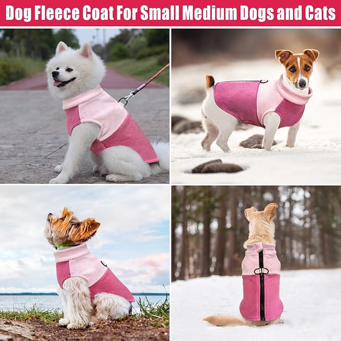Idepet Dog Fleece Vest Sweater Zip Up Warm Pullover Dogs Jacket with D-Ring Leash Winter Cold Weater Coat Pet Sweatershirt Clothes Hoodie for Small Medium Dogs Boy Girl (Pink/Rose Red, XL)