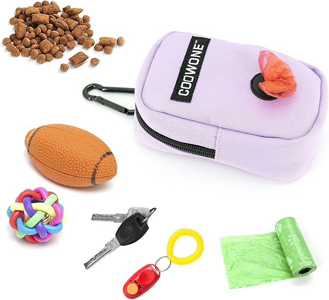 COOWONE Small Treat Pouch with Dog Bags Dispenser, Portable Walking Bags, Purple