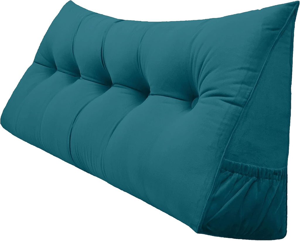 Triangular Reading Bed Rest Pillow Large Bolster Cushion Headboard Backrest Wedge Pillow with Removable Cover and Two Large Side Pockets (Teal, Queen: 59 x 8 x 20 inches)