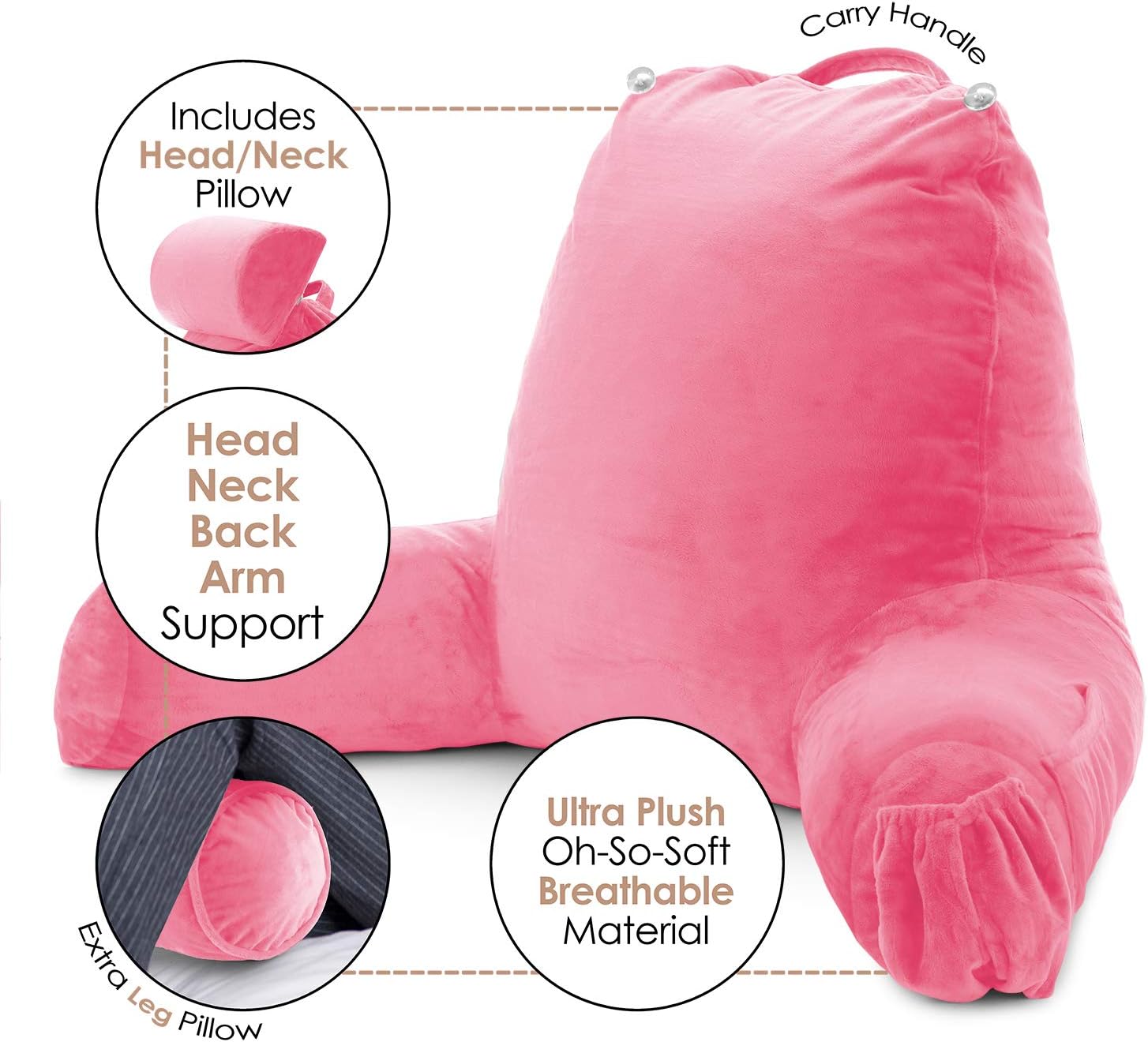 Nestl Reading Pillow with Shredded Memory Foam Includes 2 Neck and Lumber Support Pillows, Designed for Sitting Up in Bed and Couch, Back and Arms Adjustable Support for Adult & Teens, Light Pink