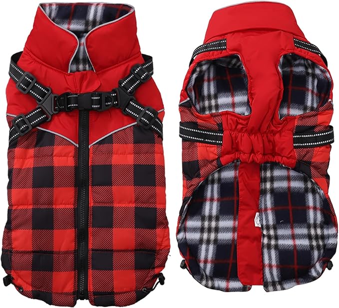 Dog Coat with Harness,Small Dog Winter Coat,Doggie Jackets with Built in Harness,Adjustable Warm Jacket for Medium Large Dogs,Pet Puppy Cold Weather Coats for Dogs Waterproof (PlaidRed, Large)