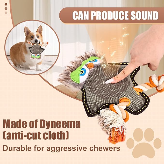 Tough Durable Squeaky Dog Toys for chewers Interactive to Keep Them Busy, Funny Tug of War Dogs Toy for Small Medium Large Cute Birthday Gift (New Owl)