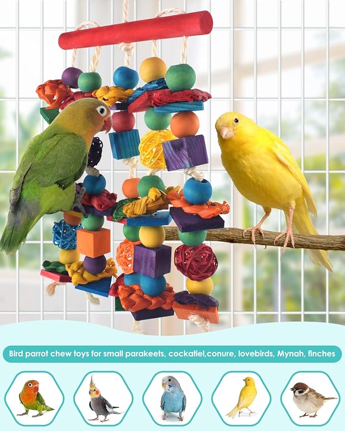 Bird Toys, 3PCS Parrot Foraging Hanging Toy, Multicolored Natural Wooden Blocks Parakeet Chewing Toys mit Rattan Wicker Balls, for Medium Small Cockatoos Budgie Lovebird Cockatiel Conure