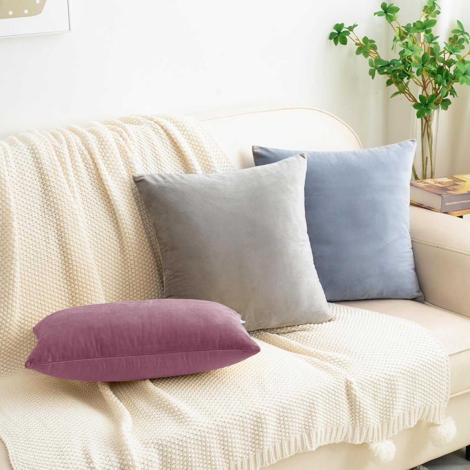 HWY 50 Purple Pink Velvet Throw Pillow Covers 18x18 Inch, Pack of 2 Soft Cozy Solid Decorative Luxury Cushion Cases for Couch Sofa Bed Living Room Bedroom