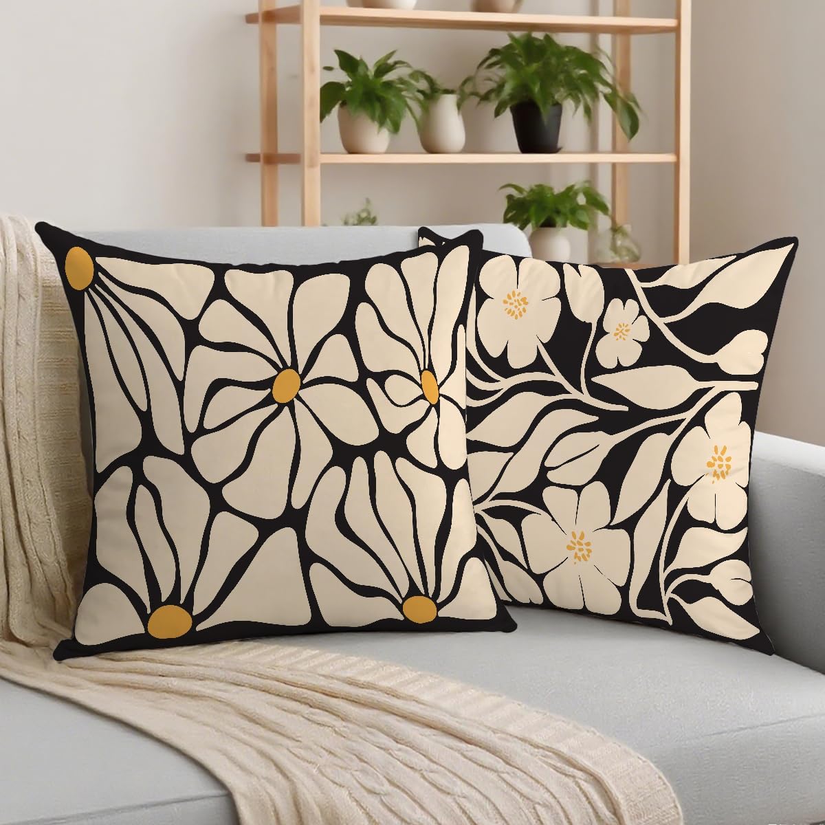 2 Pcs Boho Black And Beige Floral Pillow Covers, Botanical Neutral Plant Decorative Throw Pillow Cover, Abstract Bohemian Flower Plant for Couch Sofa Bed Bedroom Living Room Office Home Decor
