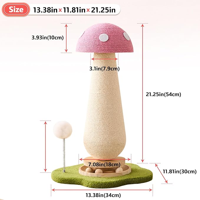 21.5‘’ H Cat Scratching Post with Catnip,Cute Mushroom Cat Scratcher Post with Durable Natural Solid Wood Turntable Toy,Baby Pink Mushroom Shape Design Cat Toy Cat Sisal Scratcher for Indoor Cats