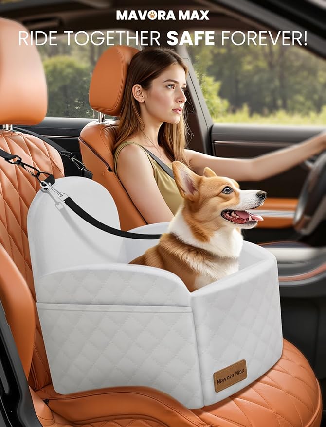 (Up to 35lbs Small/Medium Dog Car Seat Booster Dog Seat for Car Portable with Adjustable Seatbelts Pet Travel Car Bed Seat for SUV, Truck, with Memory Foam Cushion (White)