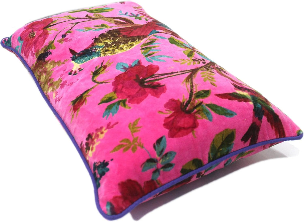 Eyes of India Velvet Floral Flower Bird Throw Pillow Sofa Cushion Cover Case Couch Colorful Boho Chic Bohemian Accent Indian Handmade (Pink, 20" x 12")