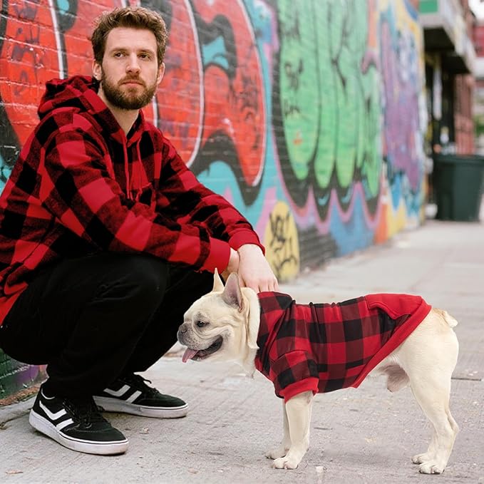 KOOLTAIL Plaid Dog Hoodie Pet Clothes Sweater with Hat and Pocket for Small Medium Large Size Dogs, Soft Winter Warm Dog Cold Weather Coat, Fleece Fall Dog Hooded Sweatshirt for Puppy Cats, Red S