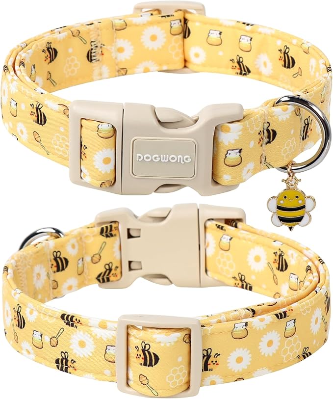 DOGWONG Yellow Bee Dog Collar- Cute Fun Dog Collars Adjustable Designer Spring Puppy Yellowe Dog Collar for Small Medium Large Dogs L