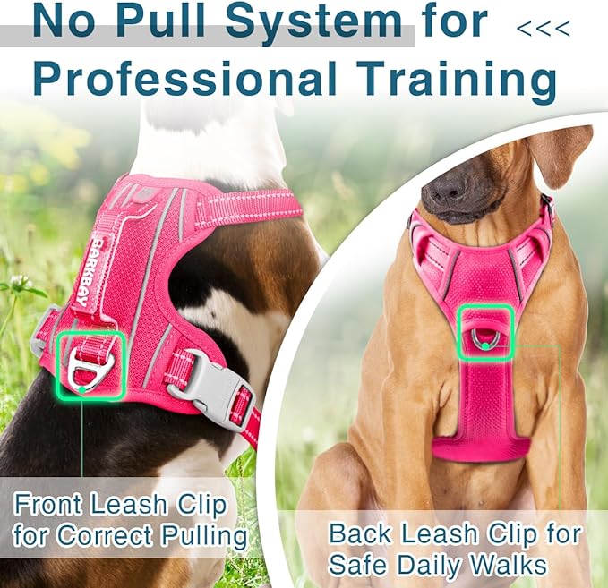 BARKBAY Dog Harness No Pull with ID Tag Pocket - Heavy Duty, Reflective, Easy Control for Large Dogs(Pink,L)