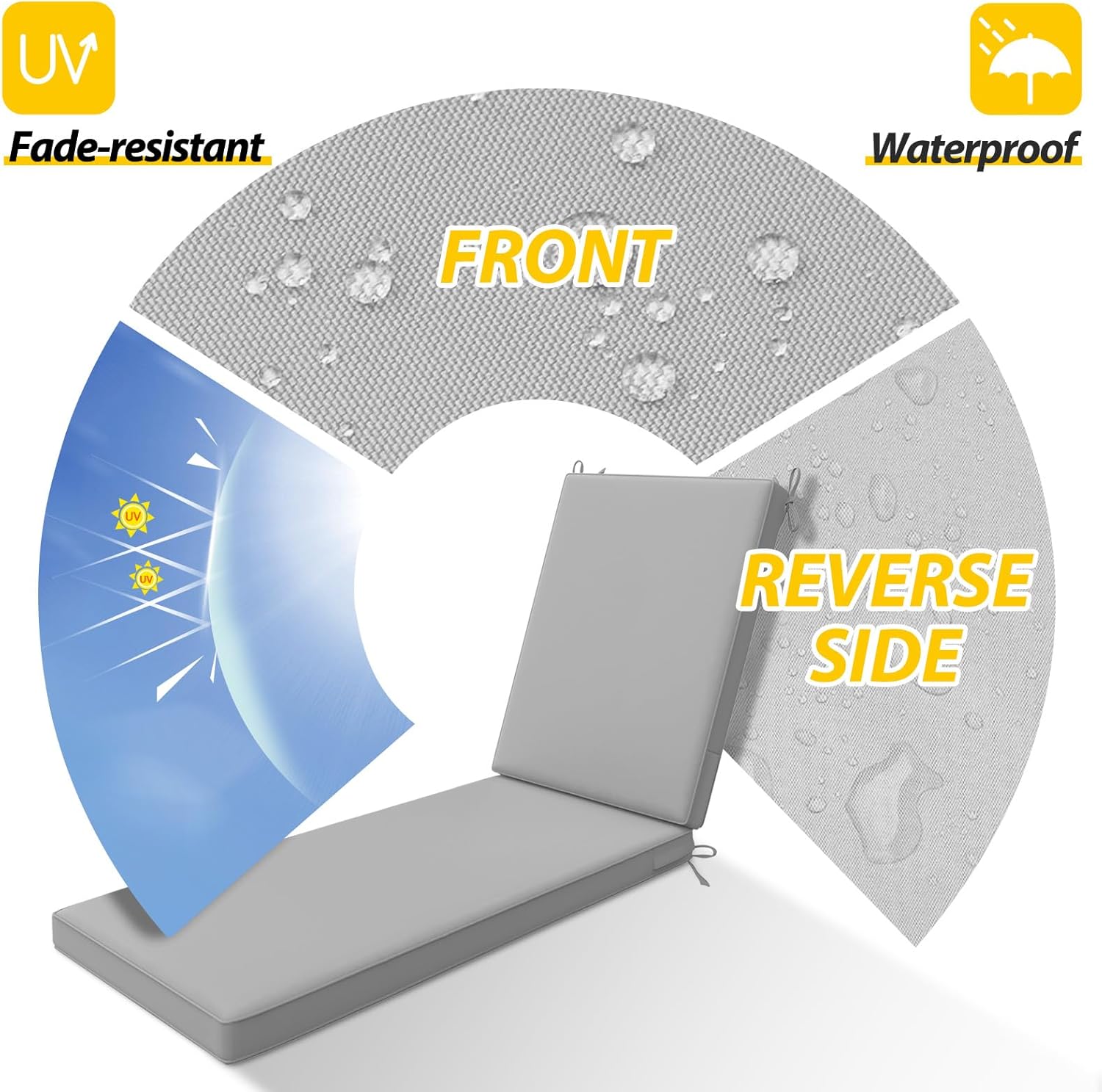 AAAAAcessories Outdoor Chaise Lounge Cushions, Waterproof, Fade-Resistant Patio Furniture Replacement Cushions, 74" x 23" x 3", Gray