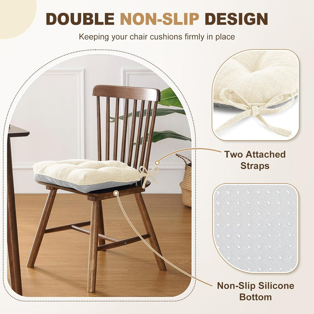 downluxe Indoor Chair Cushions for Dining Chairs, Tufted Overstuffed Textured Foam Kitchen Chair Pads with Ties and Non-Slip Backing, 15.5" x 15.5" x 4", Beige, 4 Pack