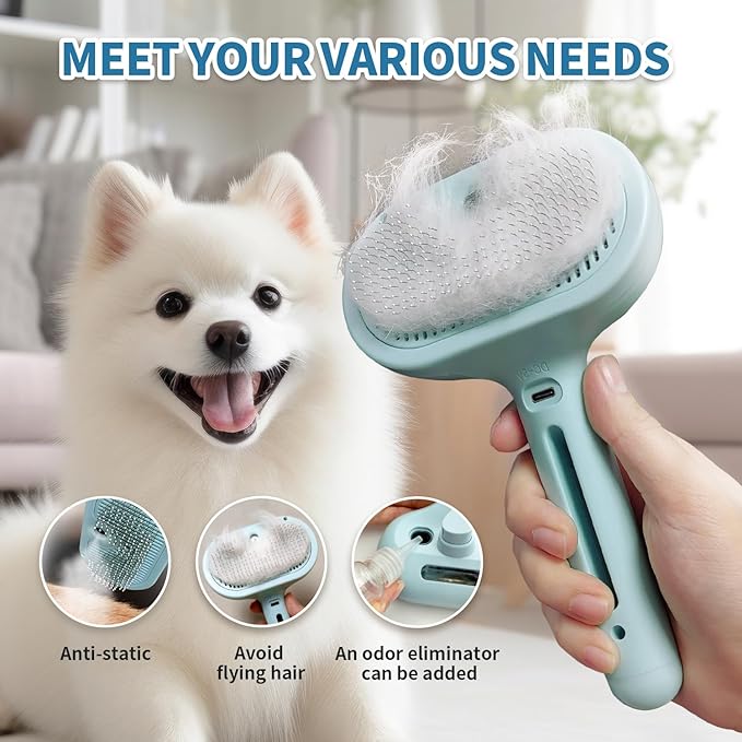 Dog Brush for Shedding, 3 in 1 Self Cleaning Steam Dog Brush - Anti-Static,Cat Steam Brush Removal Comb with Release Button, Grooming Tool for Long and Short Hair Pets, Blue