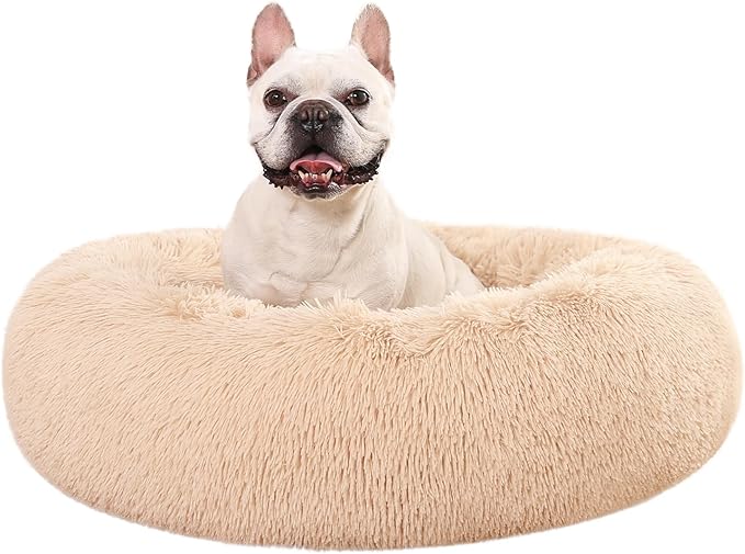Amazon Basics Donut Pet Bolster Faux Fur Bed for Dog, Beige, 36" x 36"