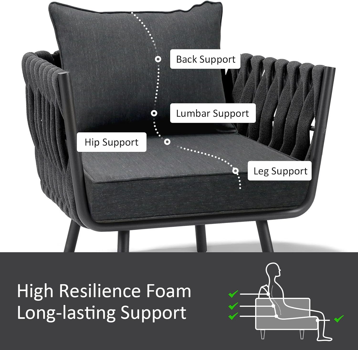 Outdoor Patio Chair Cushions Set, 24" x 24", Set of 2, Water-Repellent, Fade Resistant, Deep Seat Bottom and Back Cushion for Backyard, Couch, Sofa and Patio Furniture, Charcoal