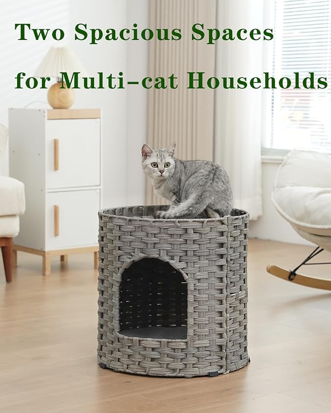 Cat House for Indoor Cat, Large Double Cat Houses Cat Bed Cave, Handwoven Rattan Pet Beds with One Soft Pad, 17 x 17 x 17 Inches Foldable Kitten Hideaway in Living Room Gray