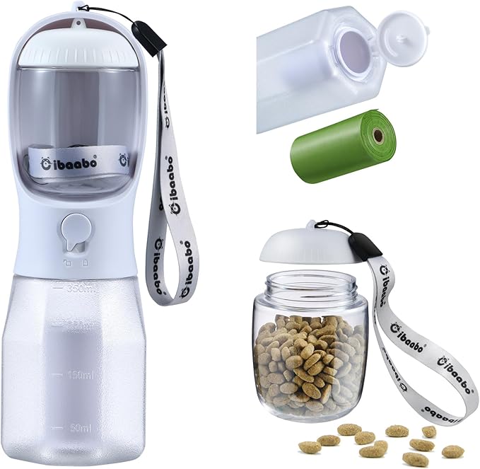 Dog Water Bottle with Food Container & Poop Bag Holder, Travel Water Bowl, Portable Pet Dispenser, Dog Gifts Stuff Accessories Items, Puppy Essentials for Yorkie Chihuahua Walking Hiking