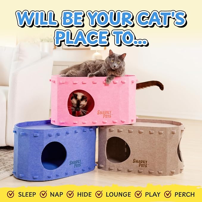 Tess & Liza Felt Cat Cave – Cozy Hideaway for Cats & Kittens | Eco-Friendly Felt Cat House | Durable & Spacious Cat Bed for Large Cats | Stylish Indoor Pet Furniture by Snarky Pets™ Pink