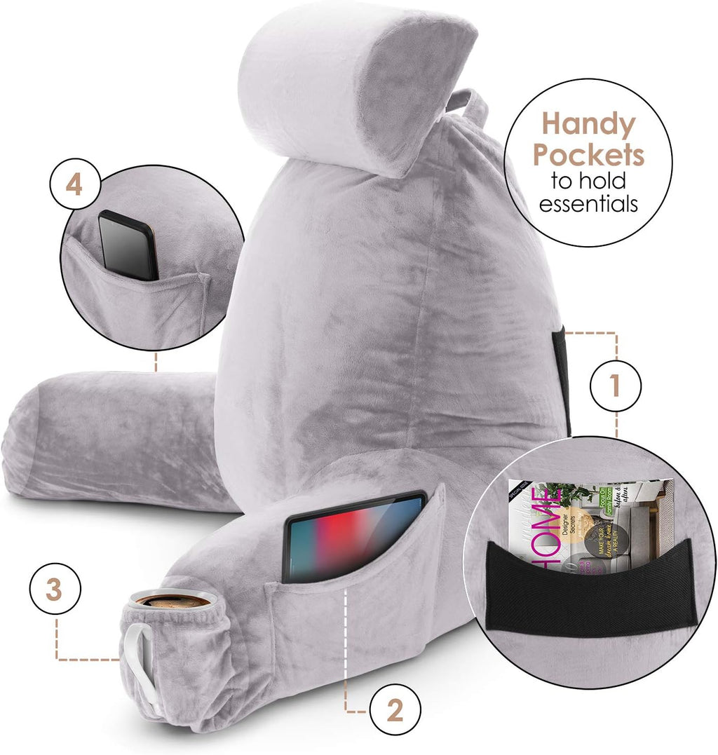 Nestl Reading Pillow with Shredded Memory Foam Includes 2 Neck and Lumber Support Pillows, Designed for Sitting Up in Bed and Couch, Back and Arms Adjustable Support for Adult & Teens, Grey Lavender