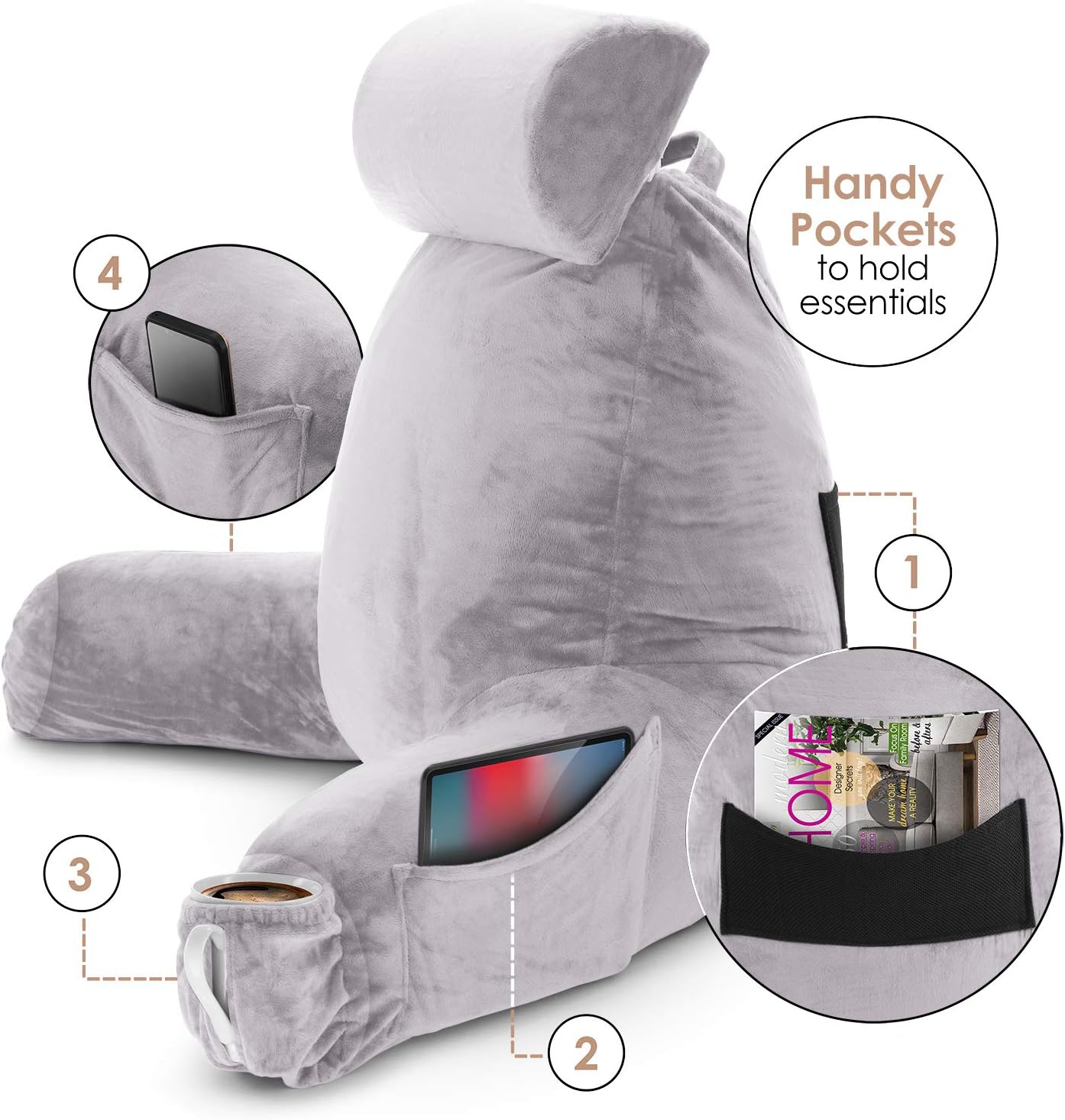 Nestl Reading Pillow with Shredded Memory Foam Includes 2 Neck and Lumber Support Pillows, Designed for Sitting Up in Bed and Couch, Back and Arms Adjustable Support for Adult & Teens, Grey Lavender