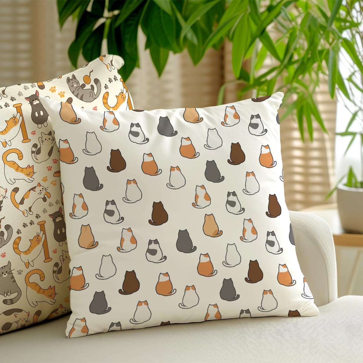2 Pcs Throw Pillow Cover Lovely Multicolor Cartoon Cats Decorative Throw Pillow Case, Cartoon Geometric Kitten Square Decorative Cushion Cover for Couch Sofa Bedroom Living Room Office Home Decor
