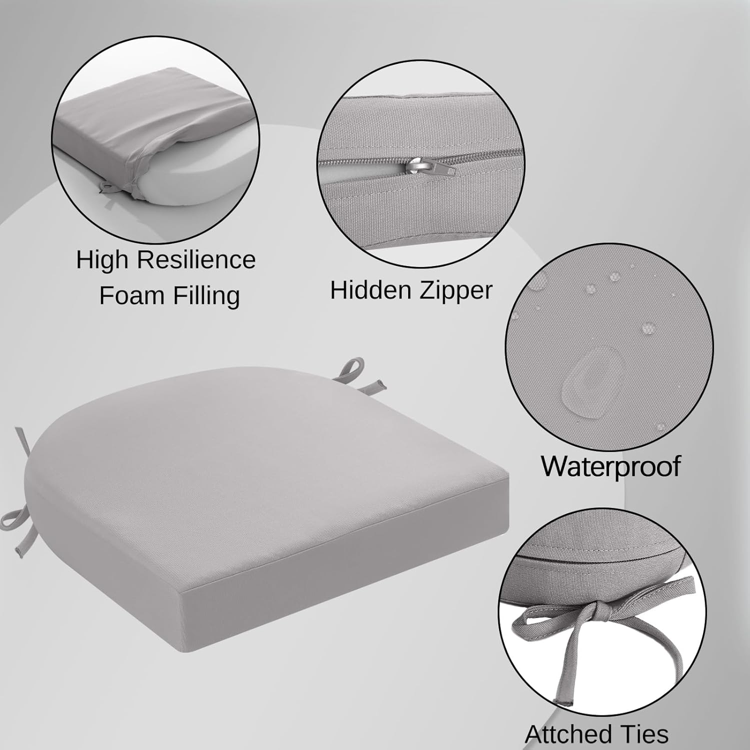 idee-home Outdoor Chair Cushions Set of 2, Thick 17" x 17" x 3" Outdoor Seat Cushion Patio Furniture Waterproof with Ties, Patio Chair Pads Dining Silver Grey