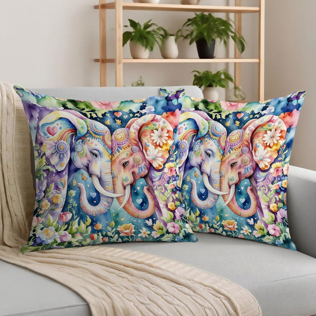 2 Pcs Watercolor Elephant with Floral Decorative Throw Pillow Covers, Cute Colour Elephant Square Decorative Cushion Cover for Women Friend Sister Coworker Birthday Christmas