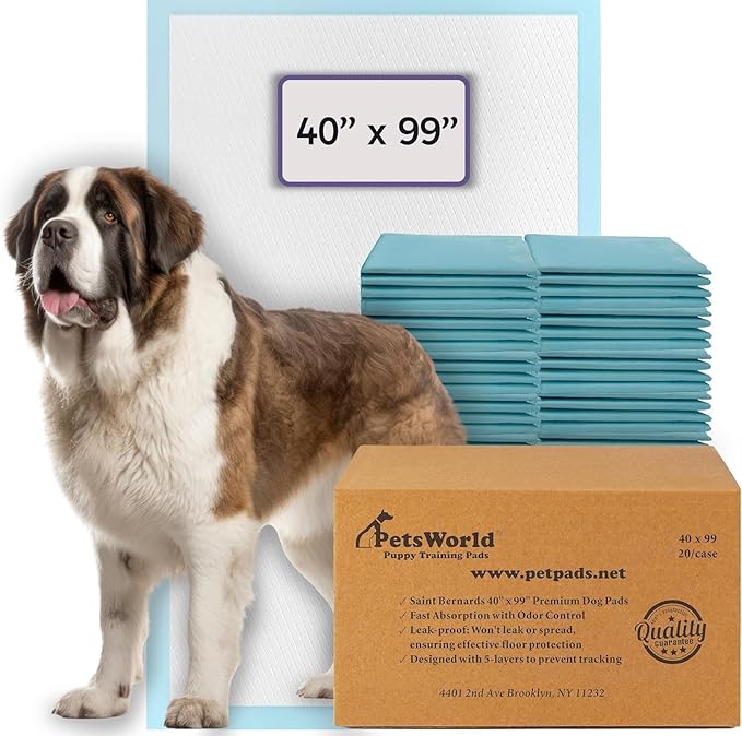 PETSWORLD Mega-Sized Dog Pee Pads (40" x 99") – 4XL Gigantic Pet Piddle Pads for Puppy Training, Incontinence – with Adhesive Sticky Tape – Leak Proof, 5-Layer Protection (160 Count)