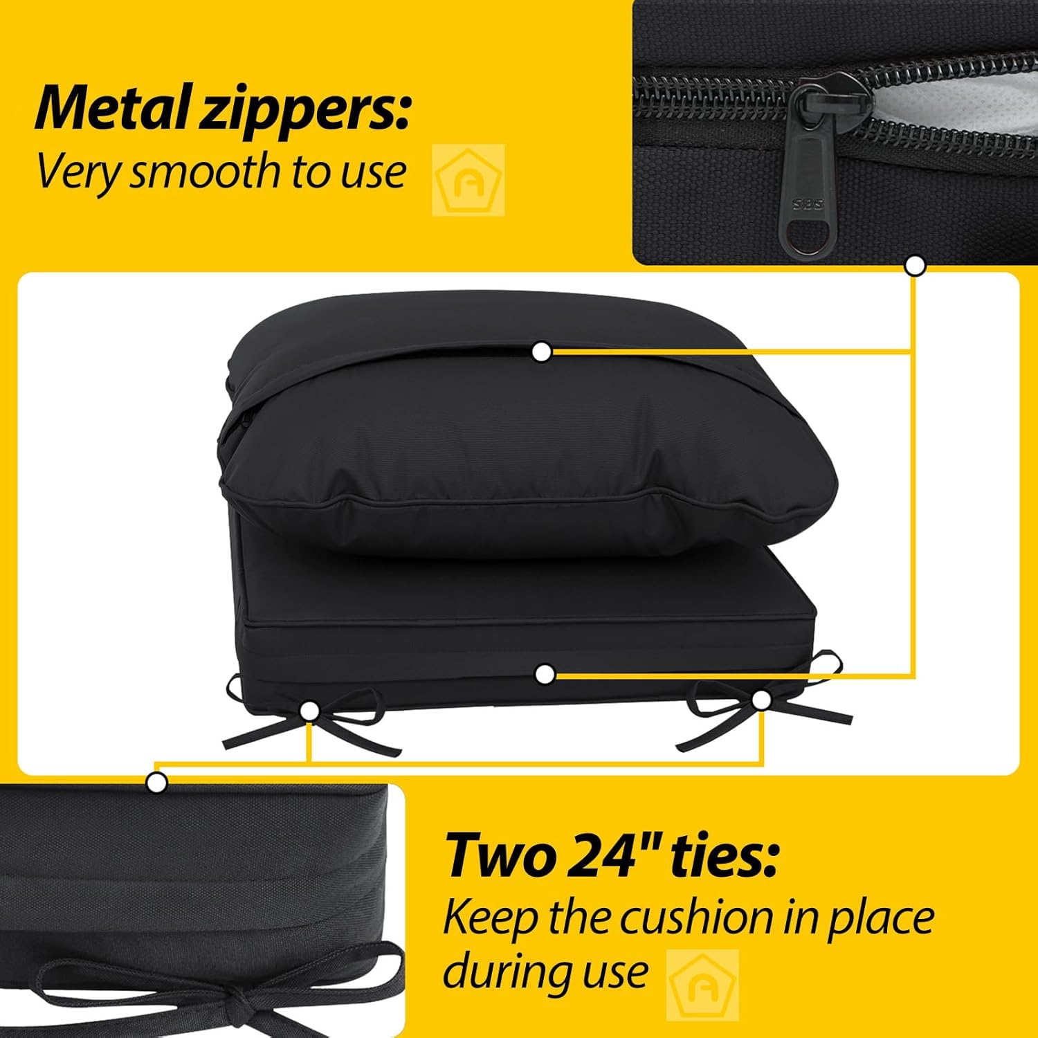 AAAAAcessories Outdoor Deep Seat Cushions, Waterproof, Fade-Resistant Patio Furniture Replacement Cushions, 24" x 24" x 5", Black