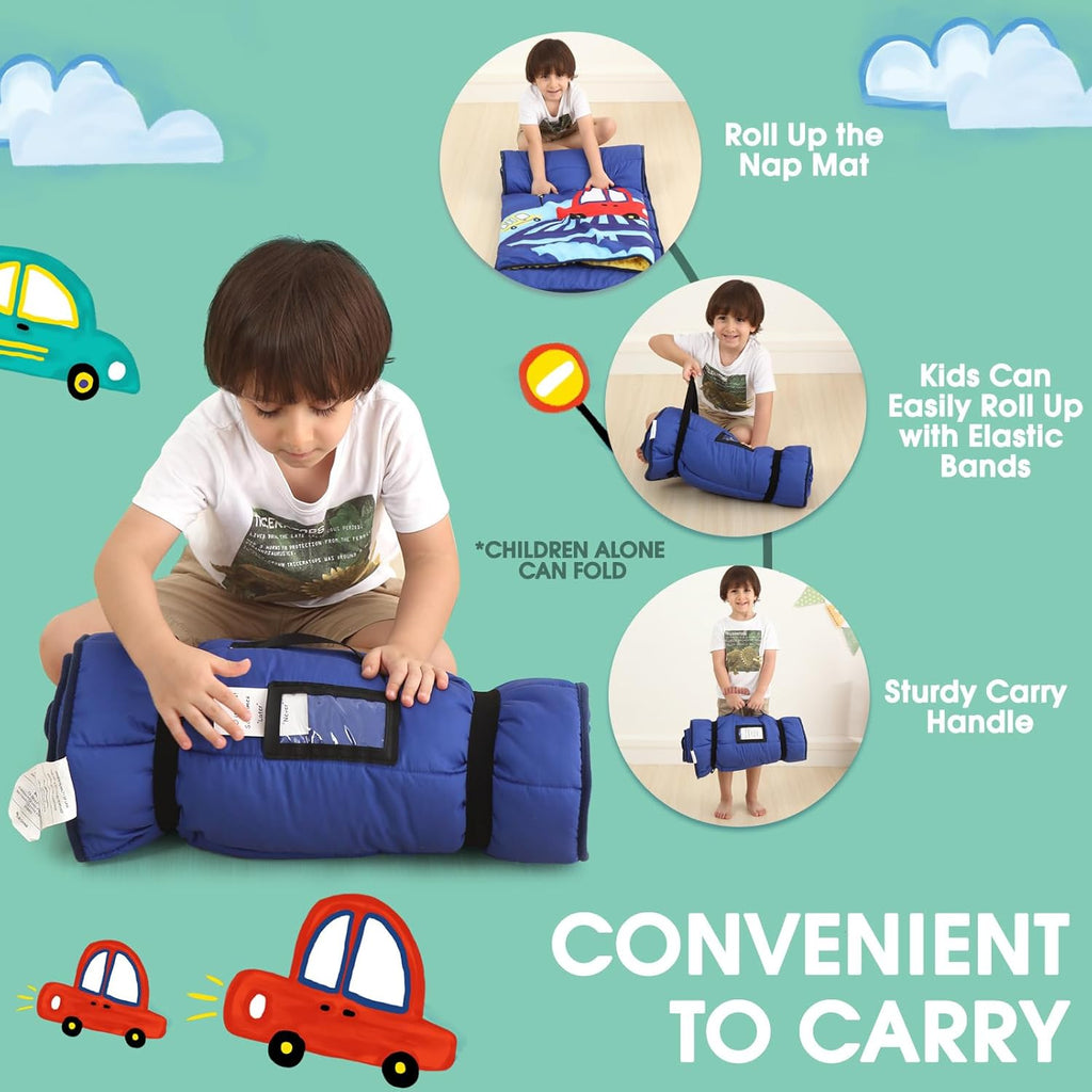 ACRABROS Toddler Nap Mat with Pillow and Blanket, Extra Large Rolled Napping Mats,Slumber Bags for Boys Girls,Kids Sleeping Bag for Daycare, Preschool Travel Camping, Crosswalk Car