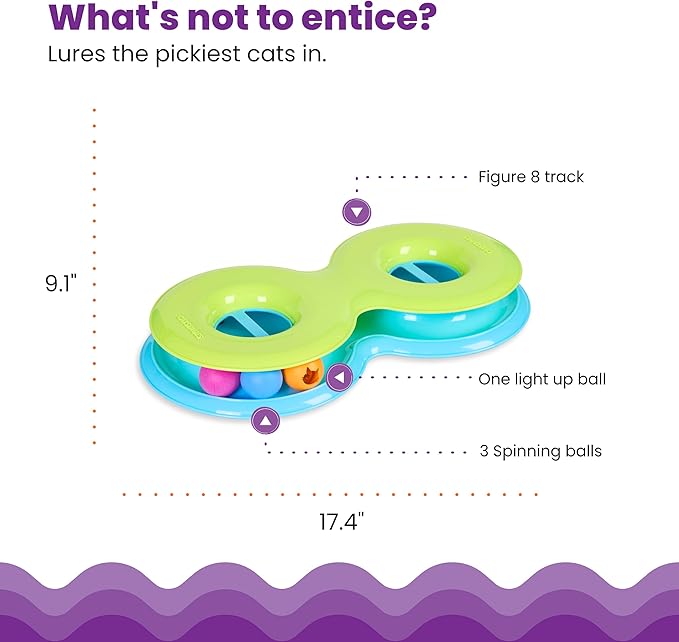 Catstages Infinity Ball Track for Cats with Two Balls, Including One Light-Up-Ball, Figure-8 Shaped Track Compatible with Topper Toys, Green